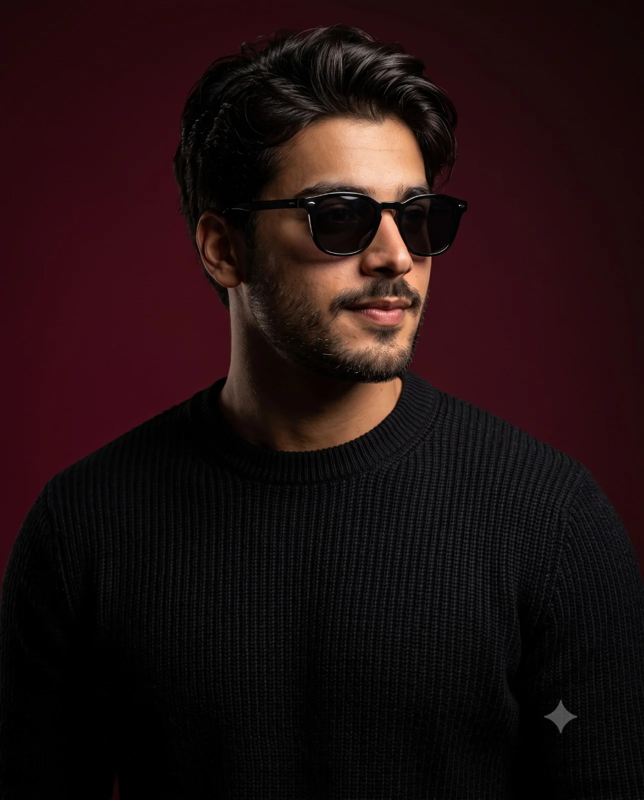 Man in black sunglasses and a ribbed sweater against a burgundy studio background