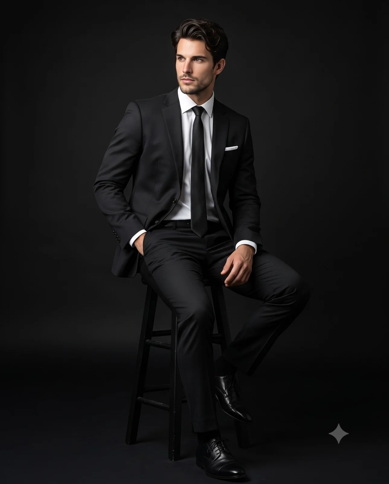 Seated man wearing a black suit and tie against a dark studio background