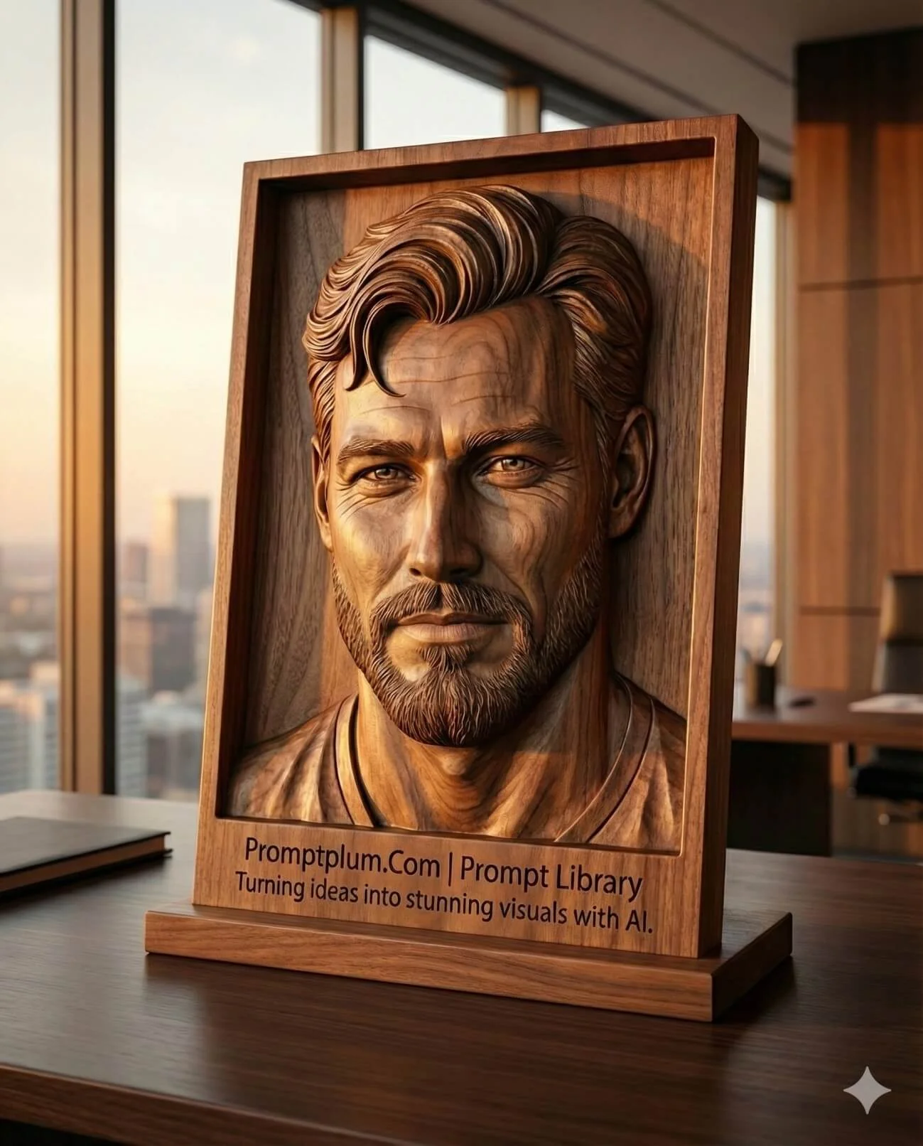 Carved walnut face relief displayed on a wooden stand in a warm modern office