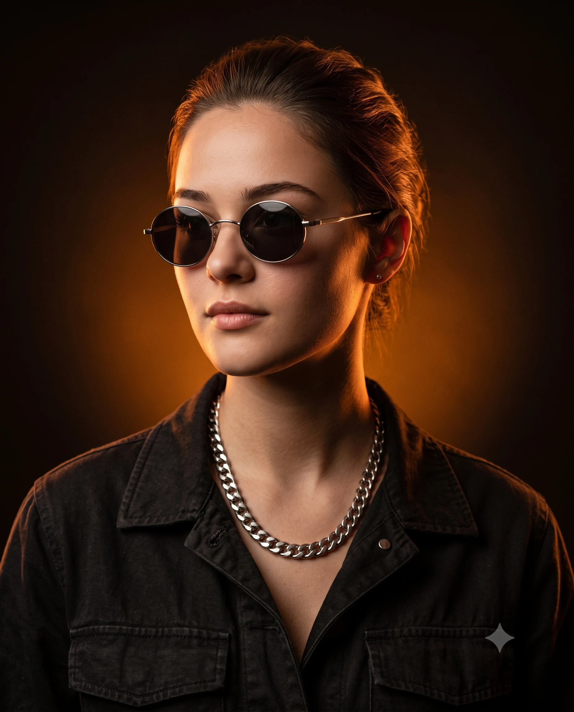 Man in round sunglasses and a silver chain outlined by warm orange backlight