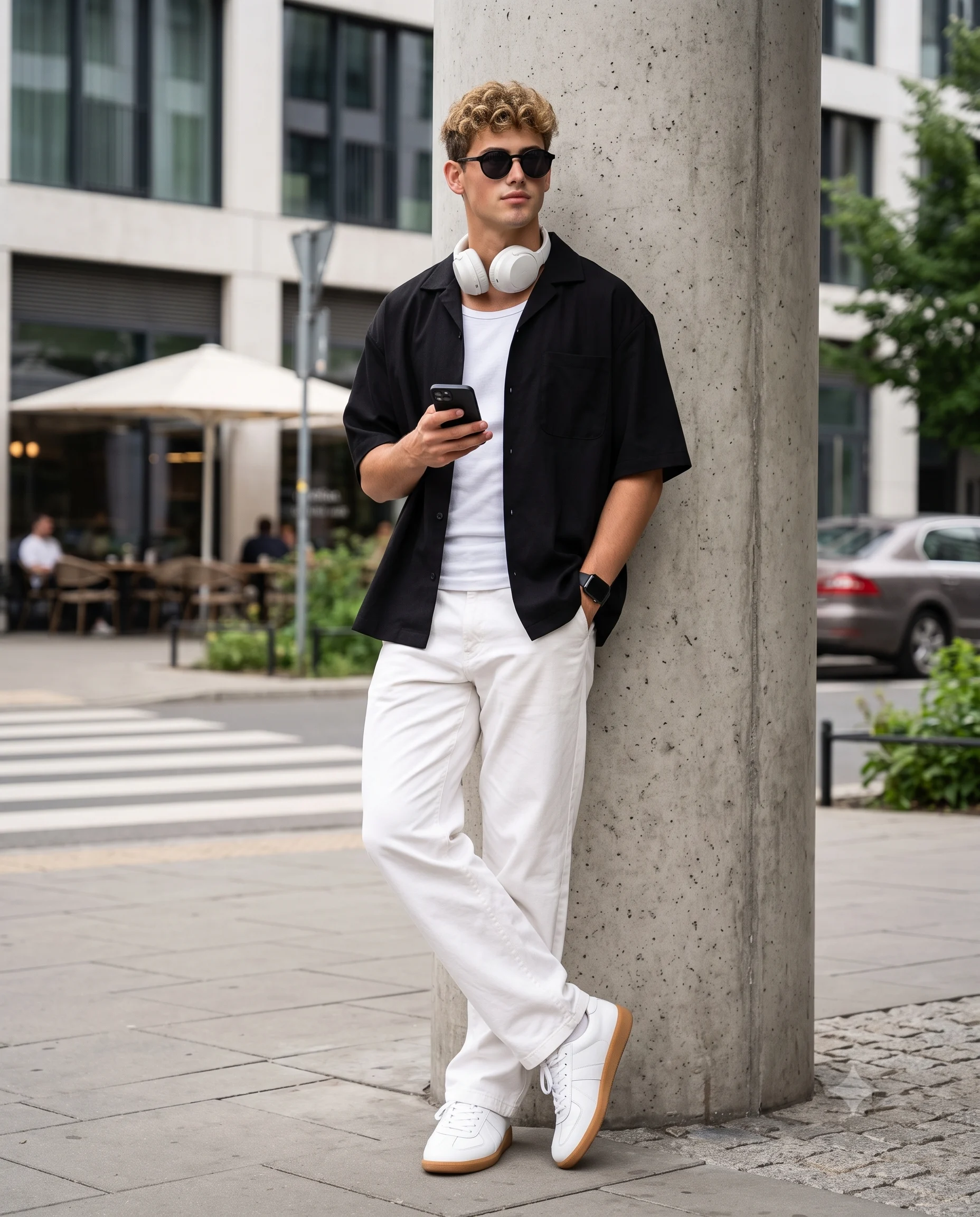 Man in a black overshirt and white trousers leaning against a grey city pillar