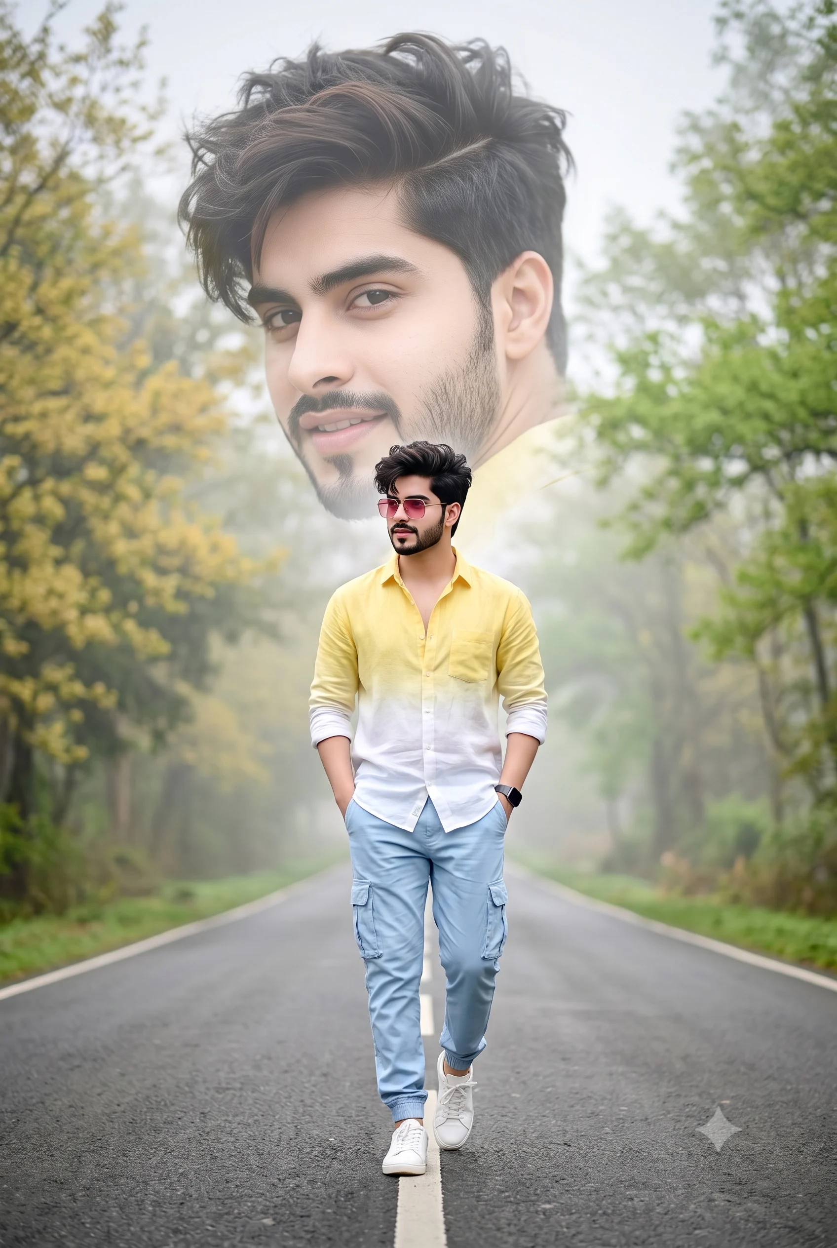 Man walking along an empty road with a large faded portrait behind him