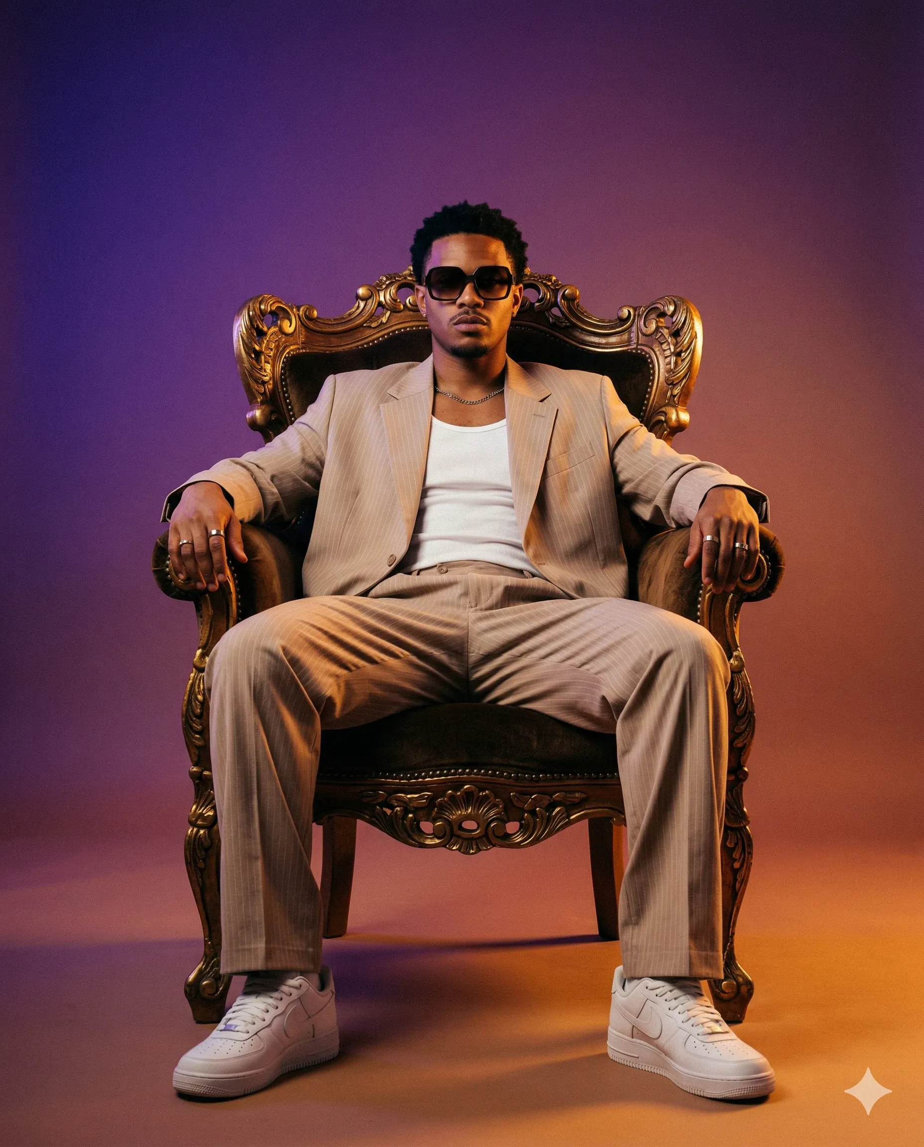 Man in a beige pinstripe suit seated on an ornate gold throne under purple and amber light