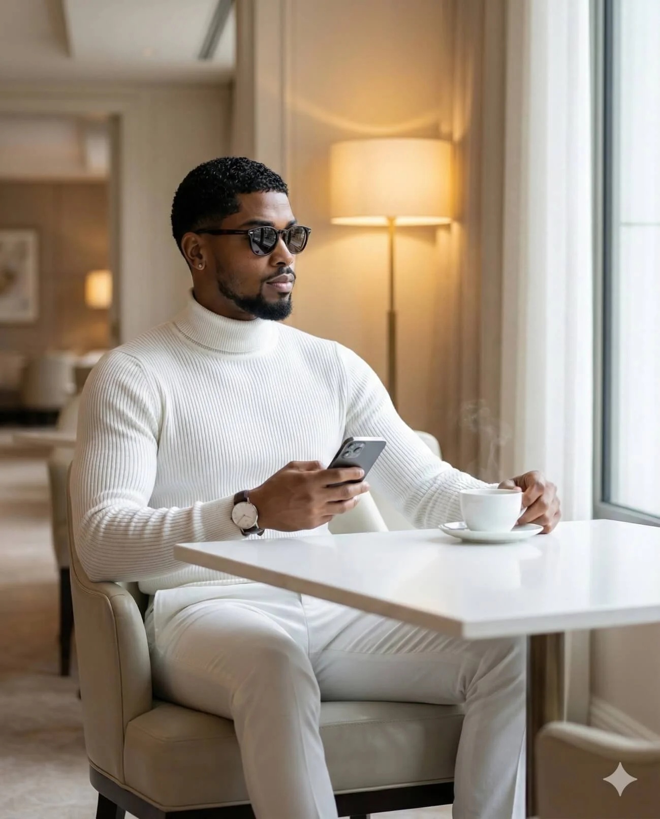 Man in a white turtleneck seated with coffee and a smartphone in a bright hotel lounge