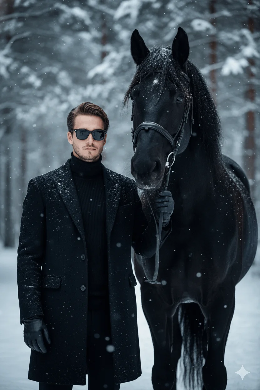 Man dressed in black standing beside a black horse in a snowy forest