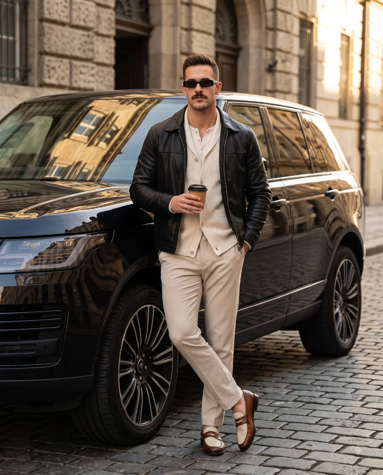 Man in a black leather jacket holding coffee beside a glossy black SUV