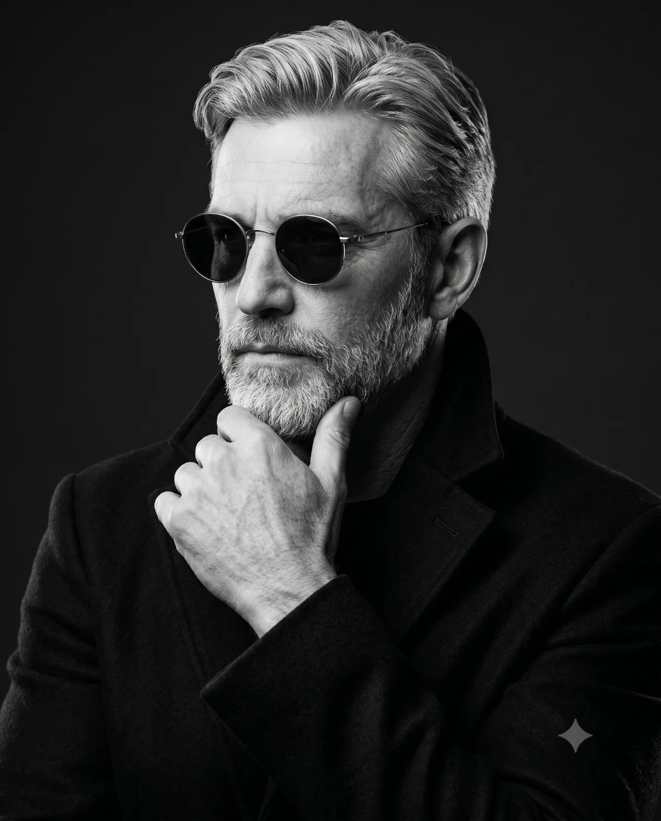 Man in round sunglasses and a dark overcoat posing thoughtfully in monochrome