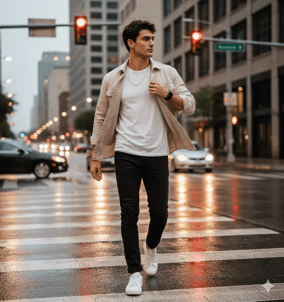Man in a beige overshirt walking across a wet city crosswalk at evening