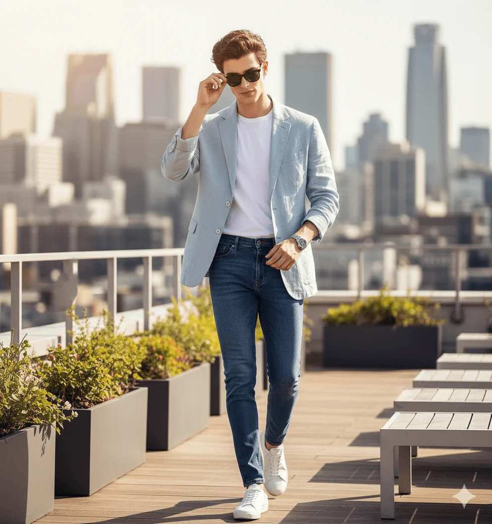 Man in a pastel-blue blazer walking across a modern rooftop terrace