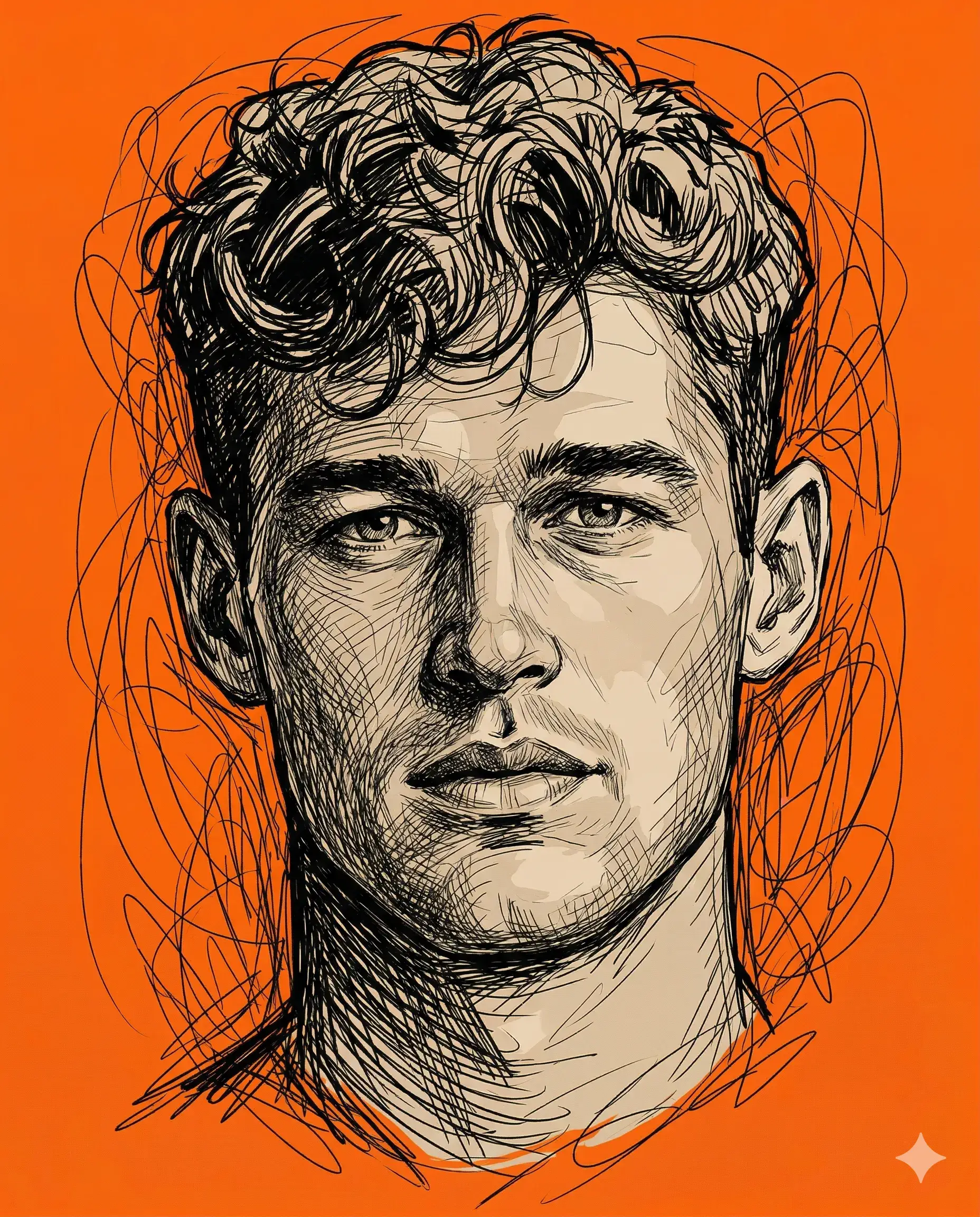 Black scribble and beige head portrait illustrated on a vibrant orange background