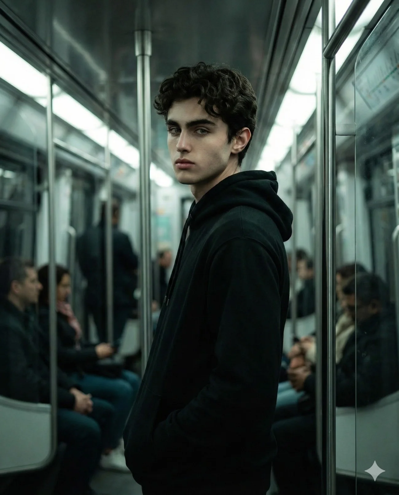 Man in a black hoodie looking over his shoulder inside a subway train