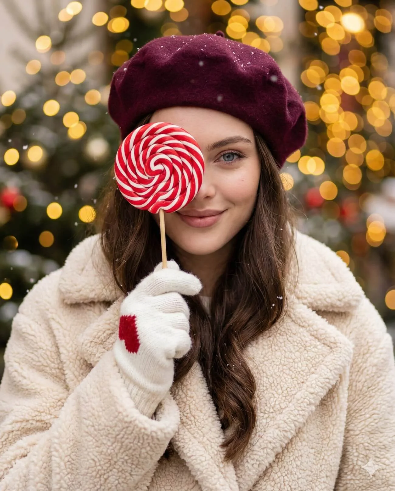 Person in a burgundy beret holding a spiral lollipop over one eye in falling snow