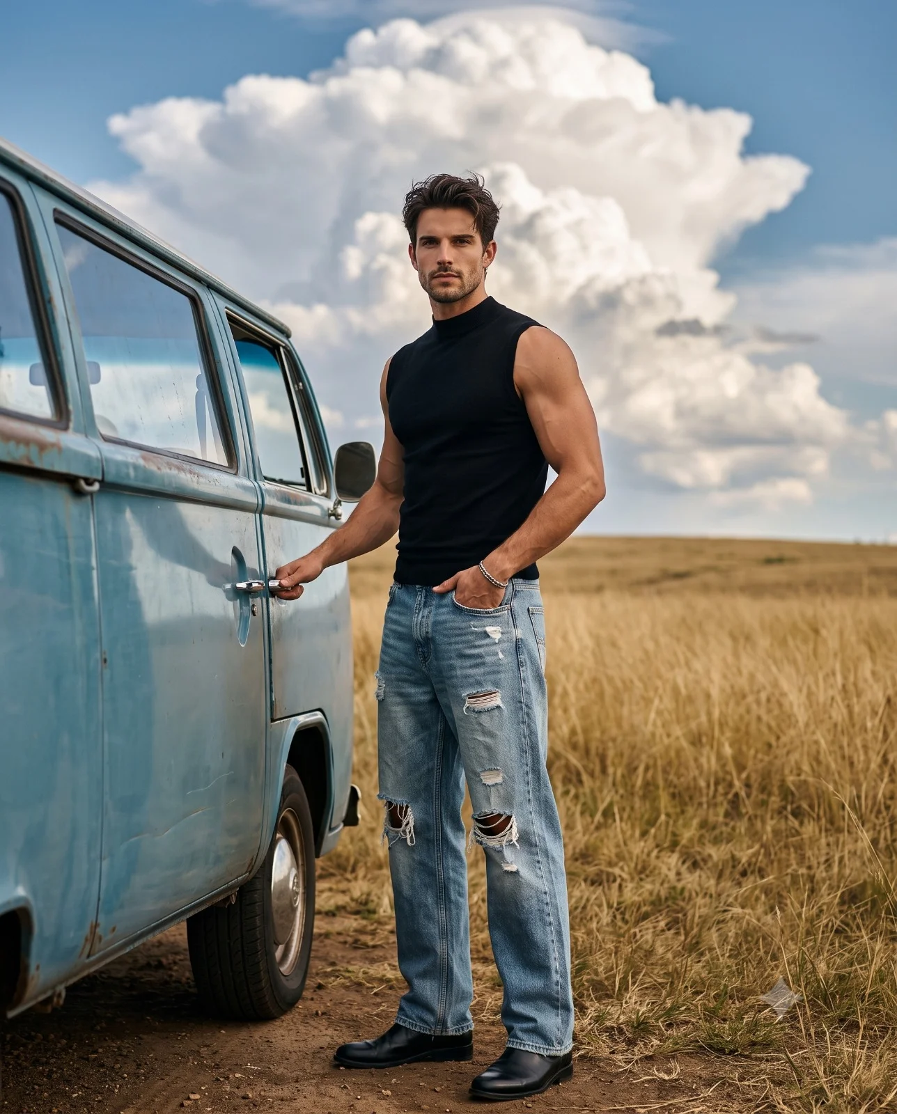 Man in a black sleeveless top and ripped jeans standing beside a vintage blue van