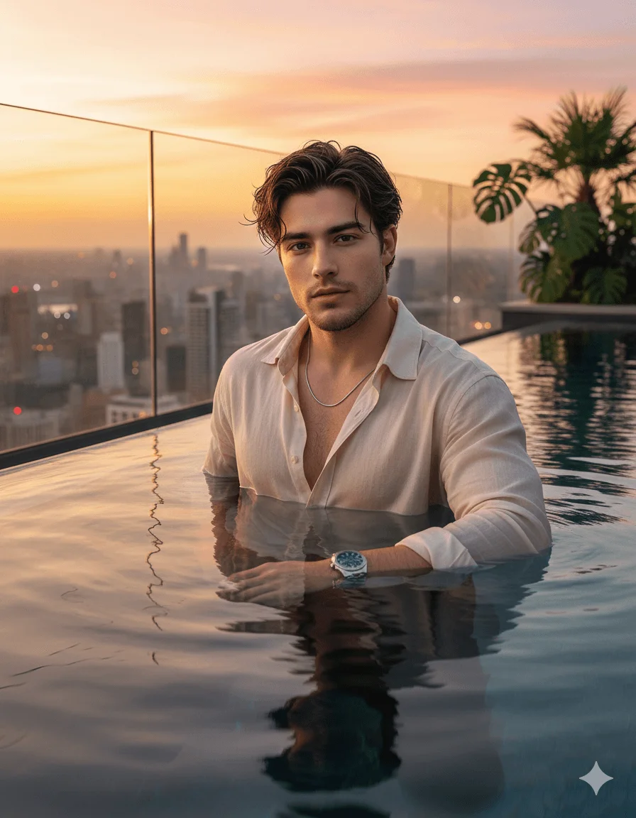 Man in an open linen shirt relaxing in an infinity pool above a sunset city skyline