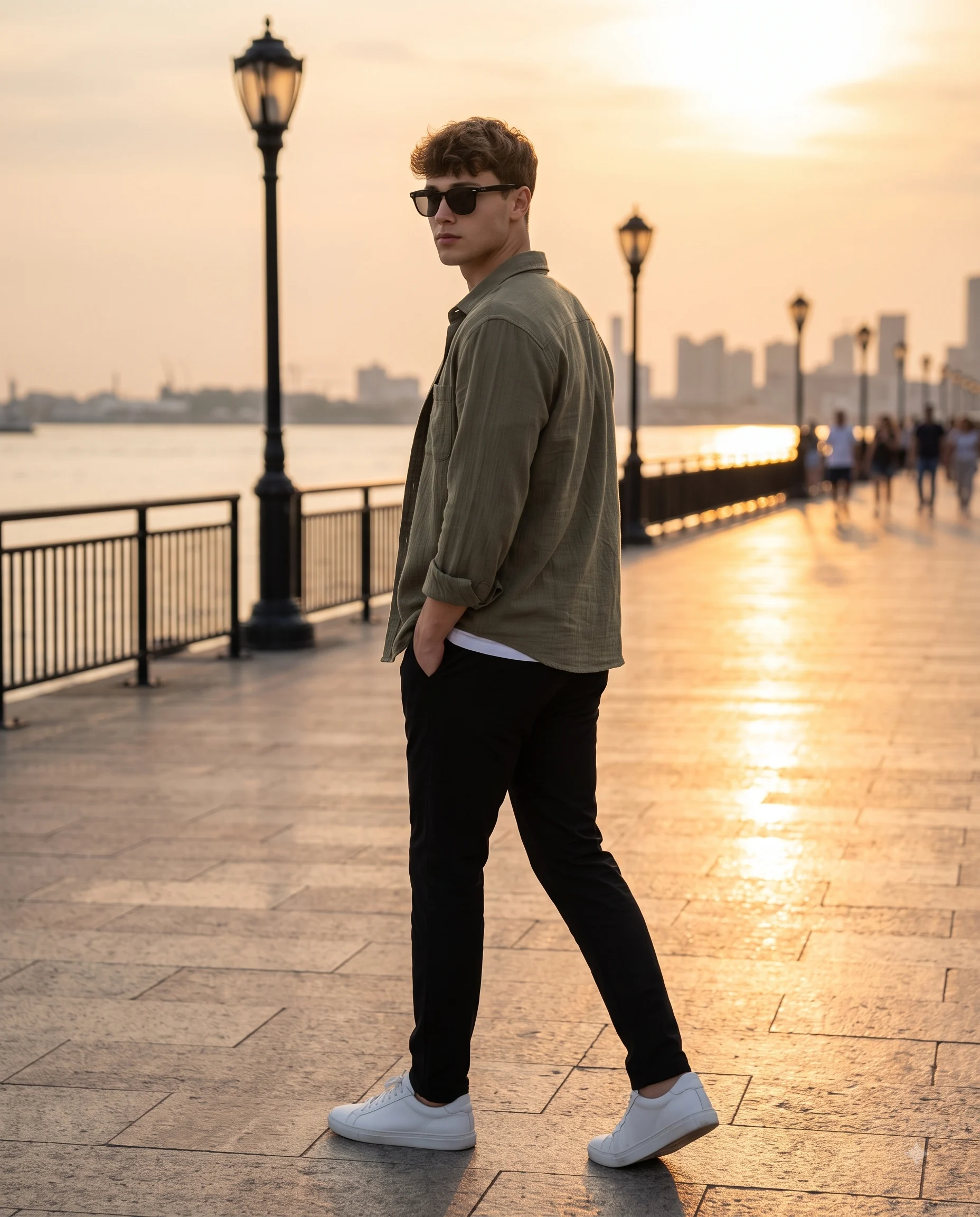Man in an olive overshirt walking beside a waterfront promenade at sunset