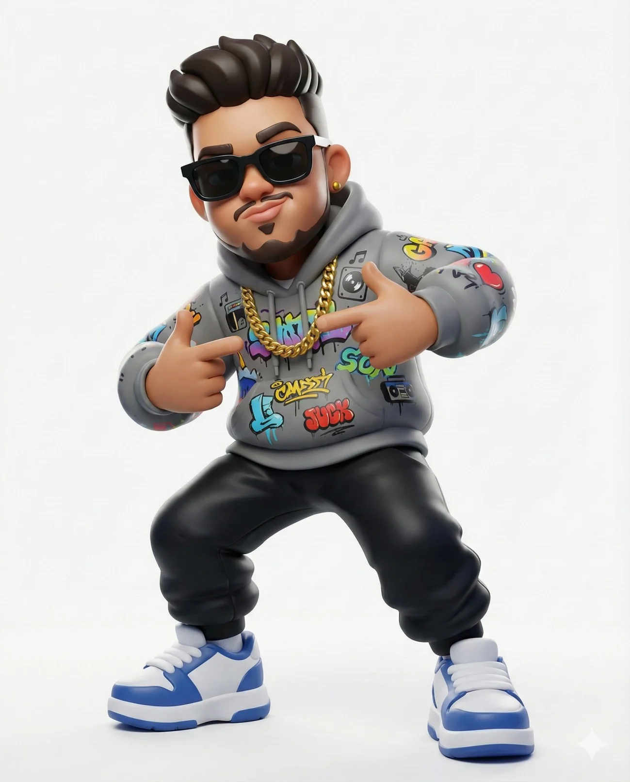 Stylized male collectible figure in an oversized graphic hoodie and chunky sneakers