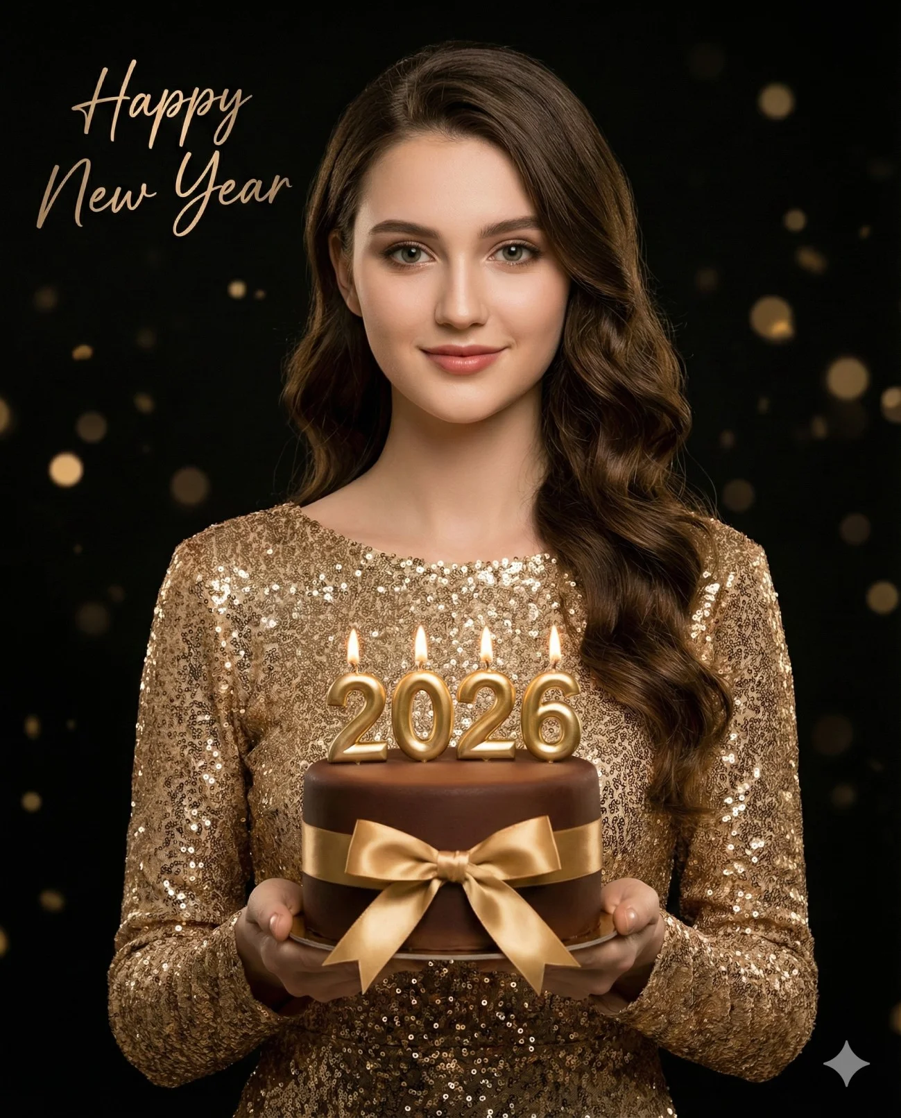 Woman in a gold-sequined gown holding a cake with lit 2026 candles