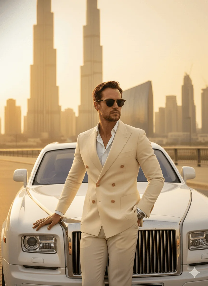 Man in a cream double-breasted suit leaning against a white luxury car in Dubai