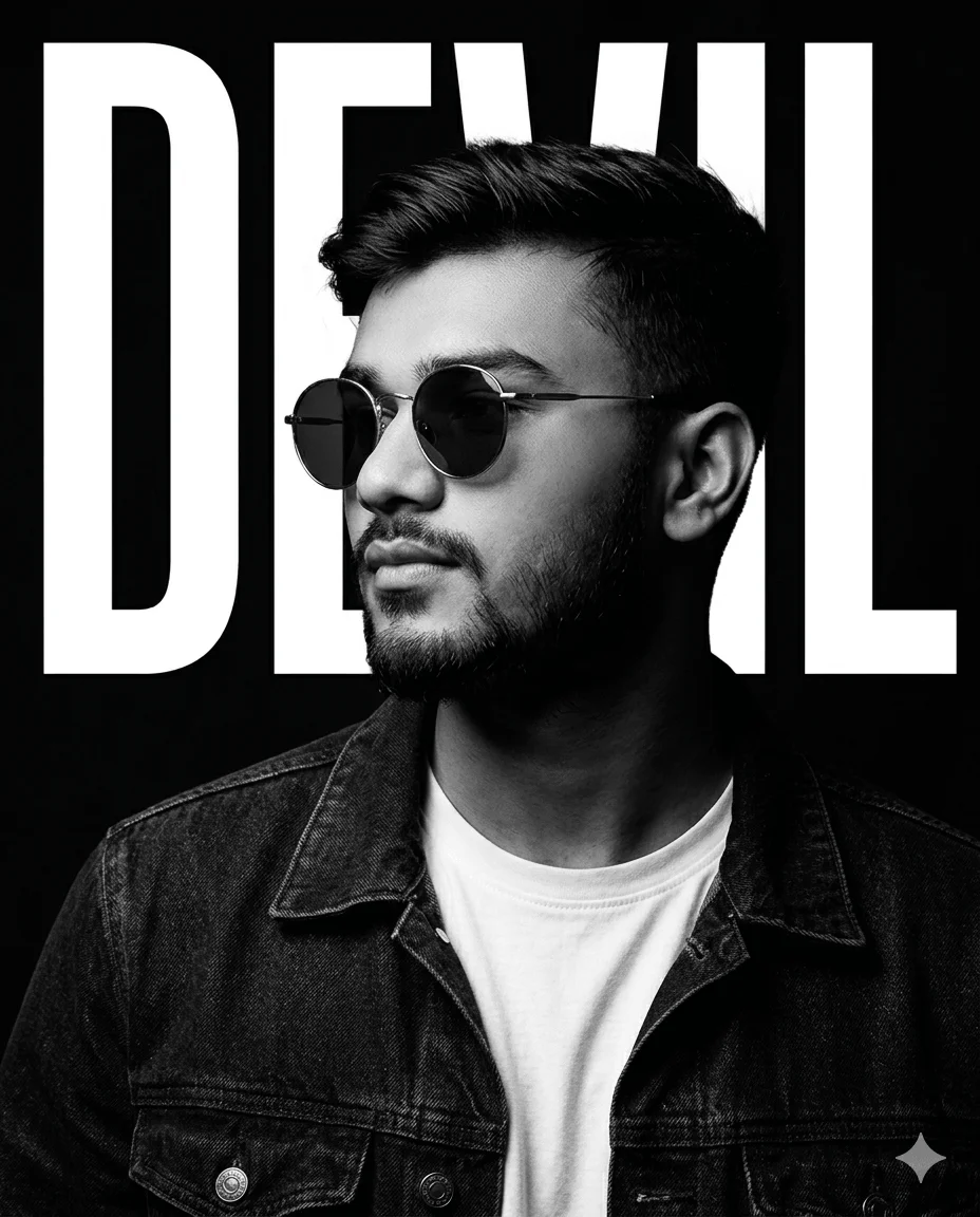 Black-and-white portrait of a man in sunglasses with large DEVIL text behind him