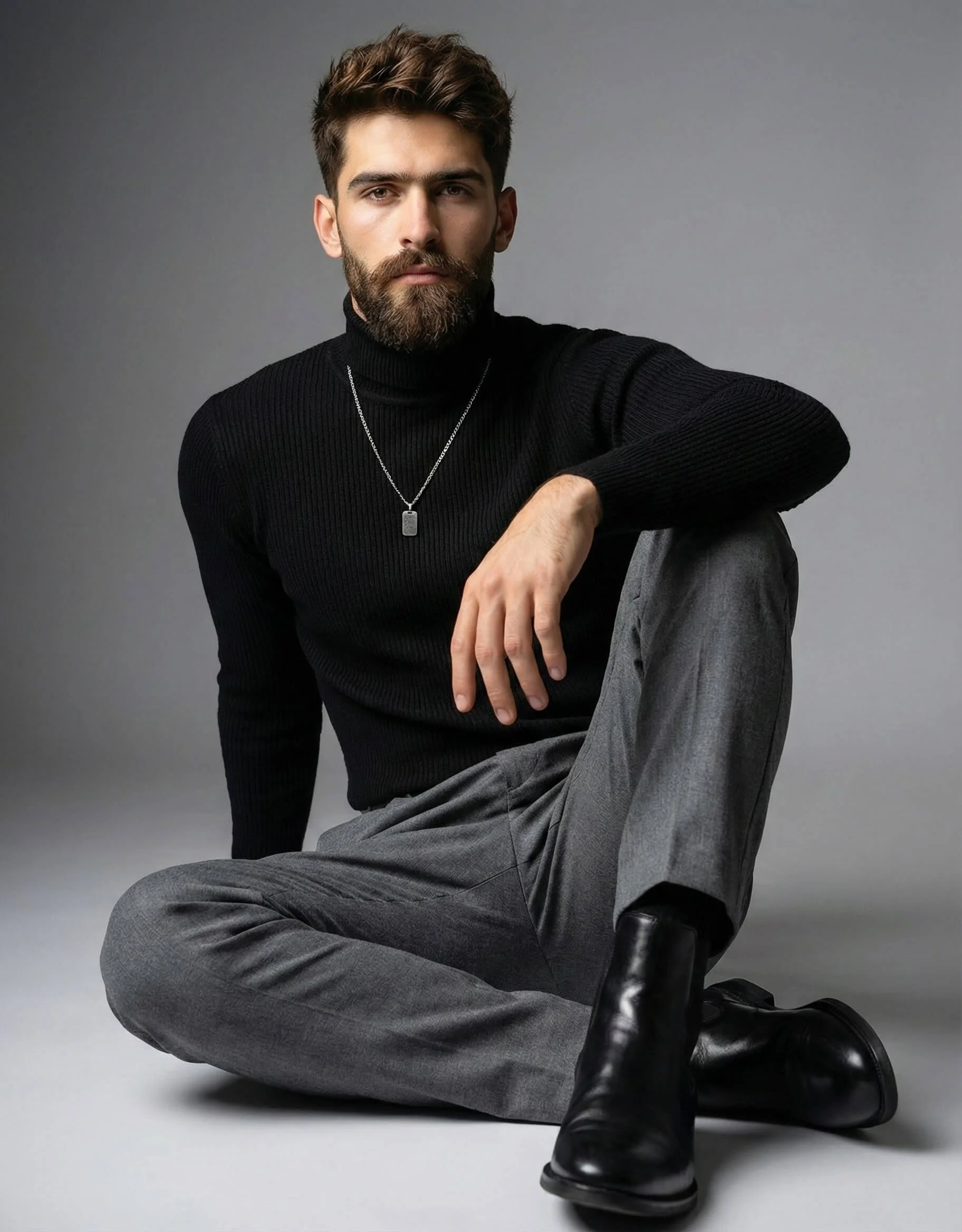 Man in a black turtleneck and gray trousers seated on a gray studio floor
