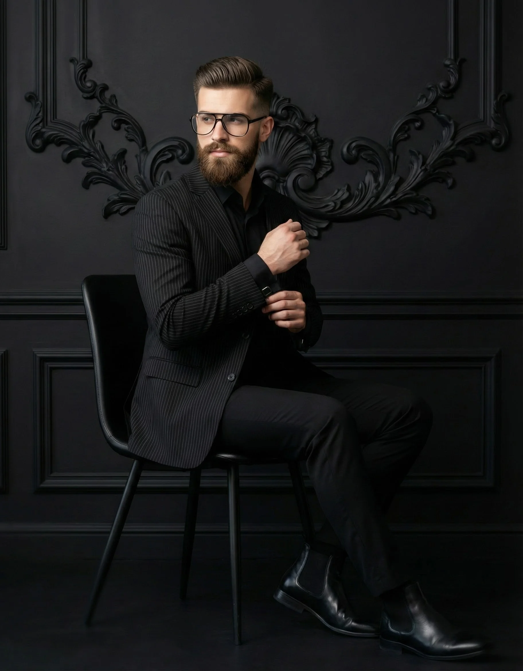 Man in a black pinstripe suit seated against an embossed black studio wall