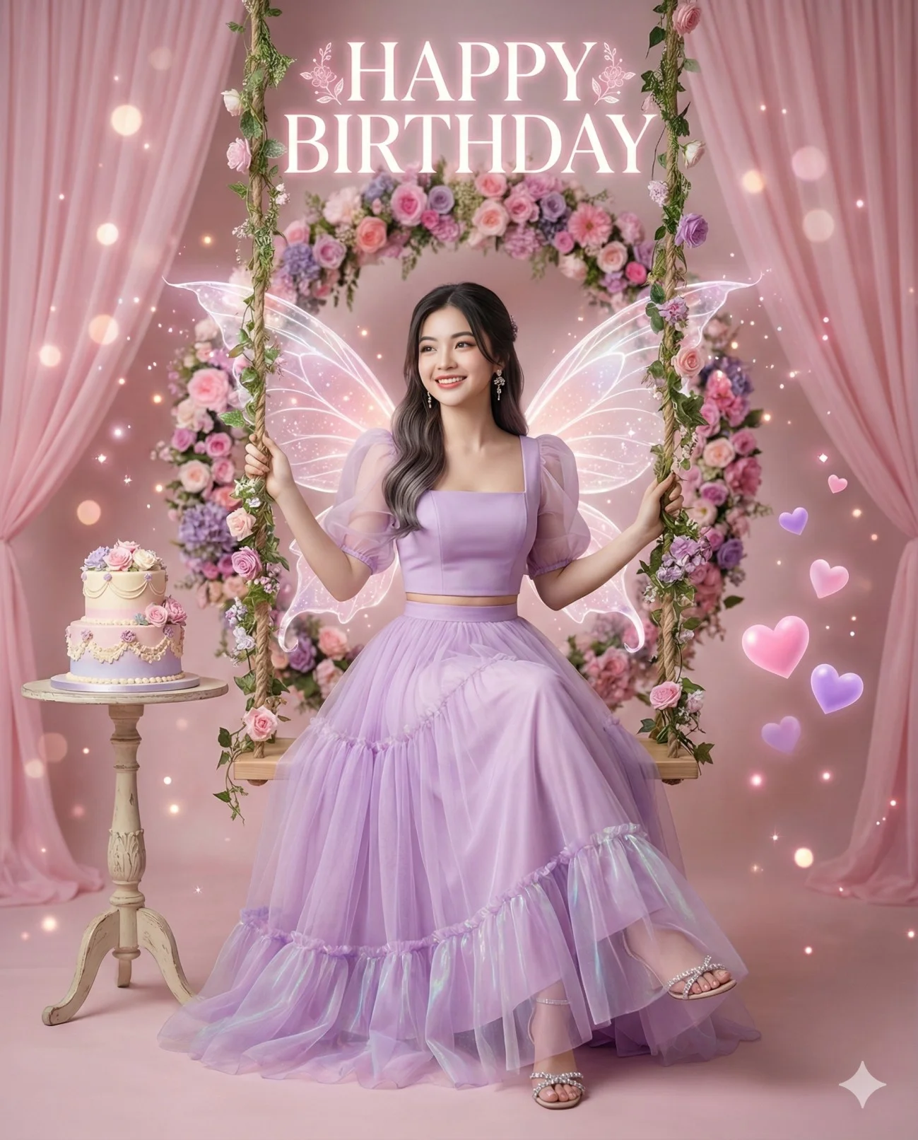 Woman in a lilac outfit with fairy wings seated on a flower-covered swing