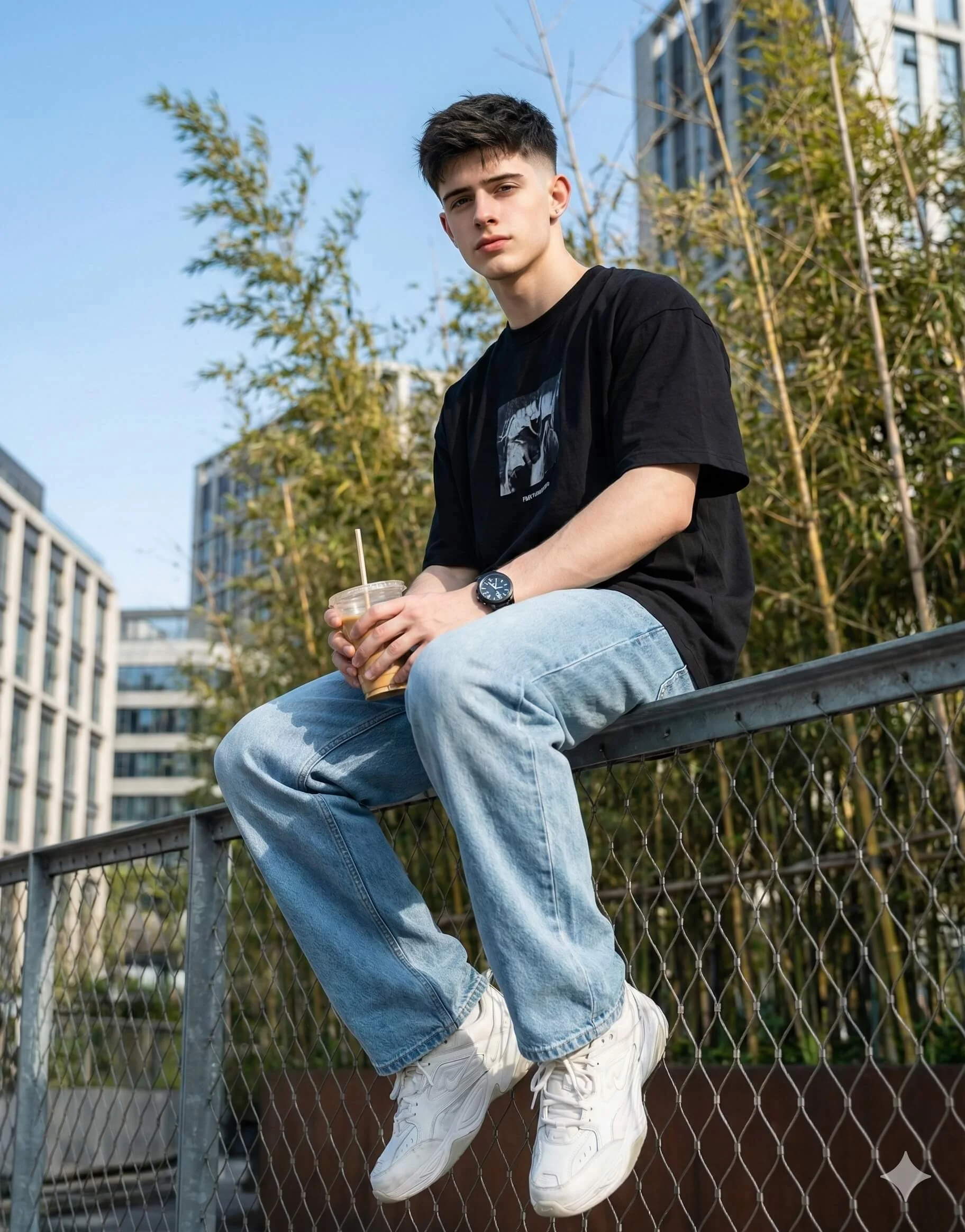 Young man in a black graphic T-shirt and light jeans sitting on a wire fence