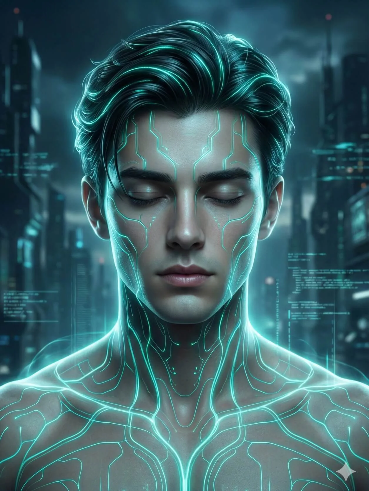 Meditating humanoid with closed eyes and turquoise energy circuits glowing across the skin