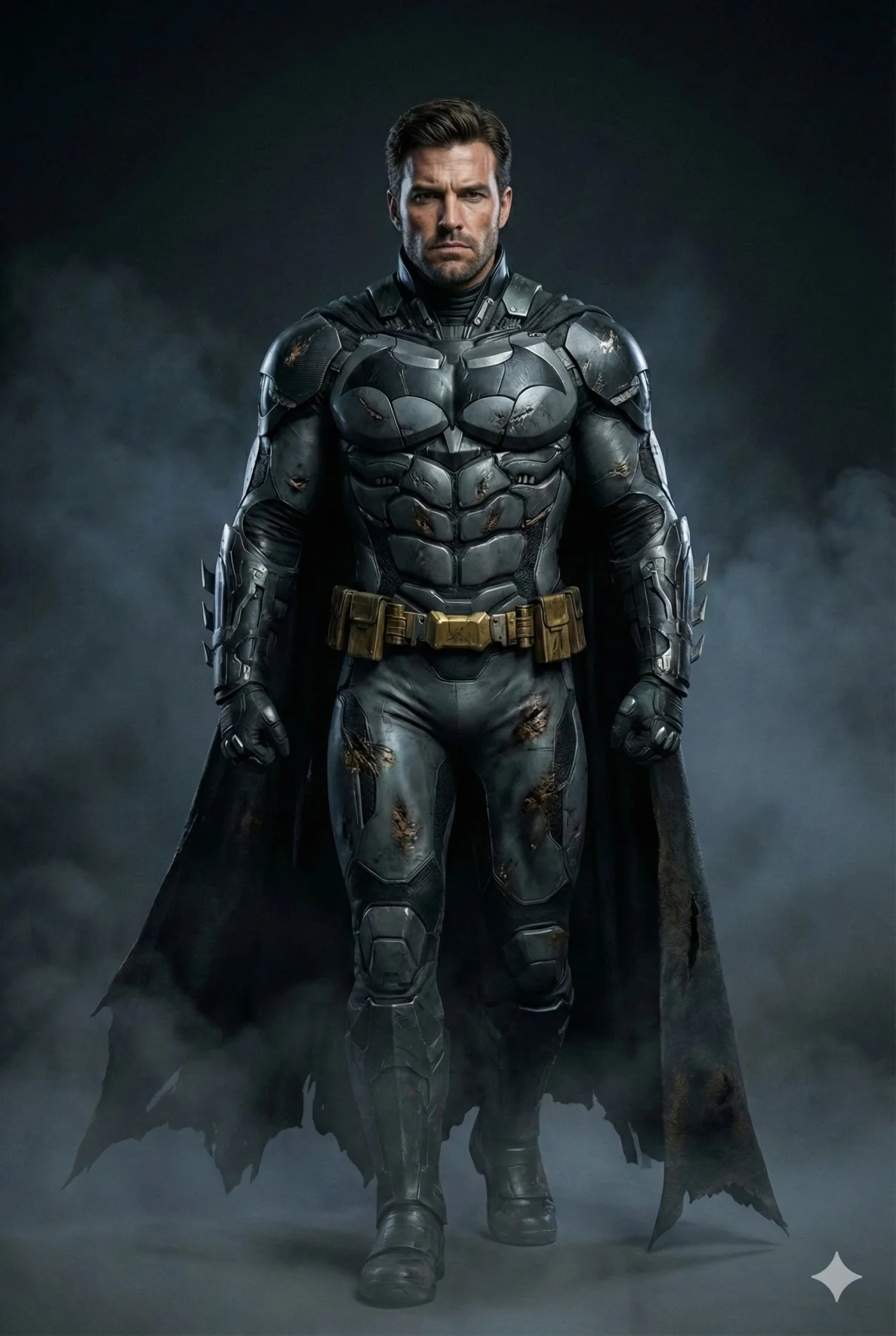 Battle-worn armored vigilante walking forward through dark studio fog