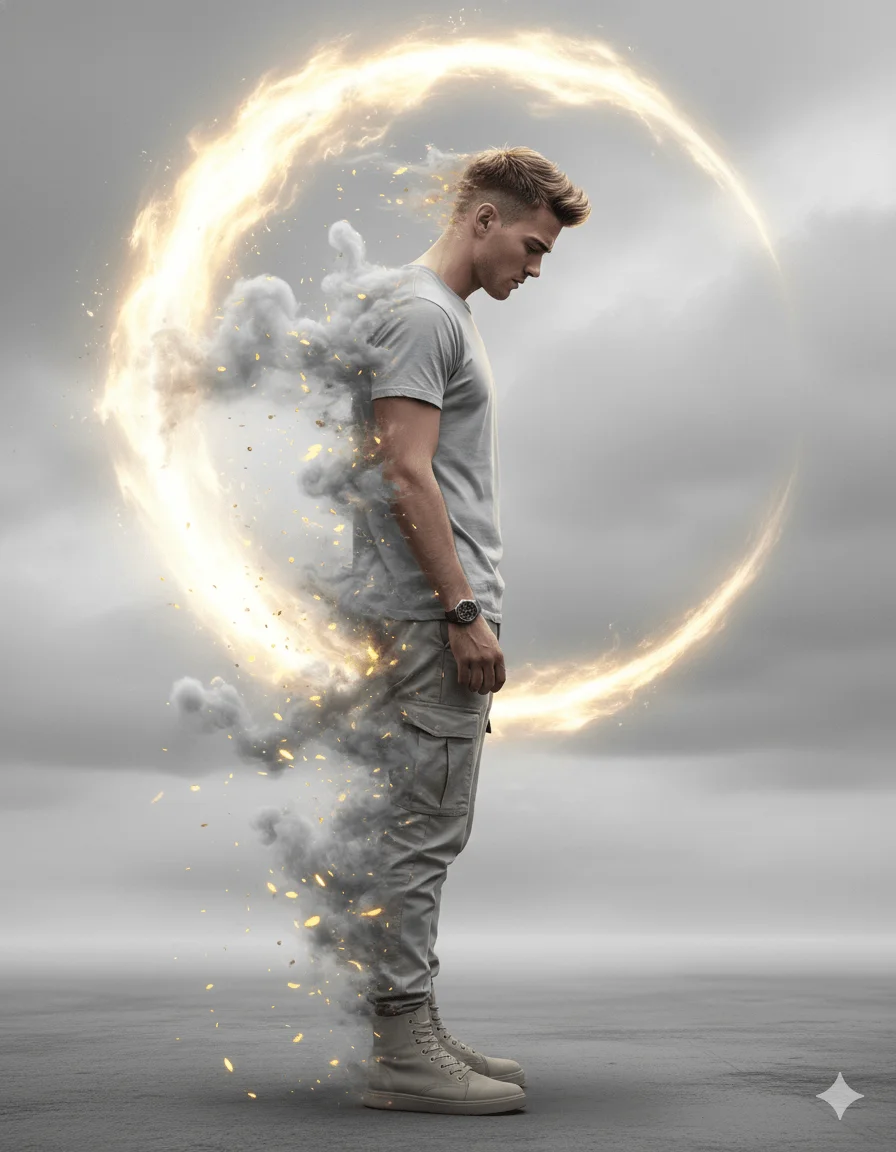 Side-profile man dissolving into grey smoke and golden particles before a glowing crescent