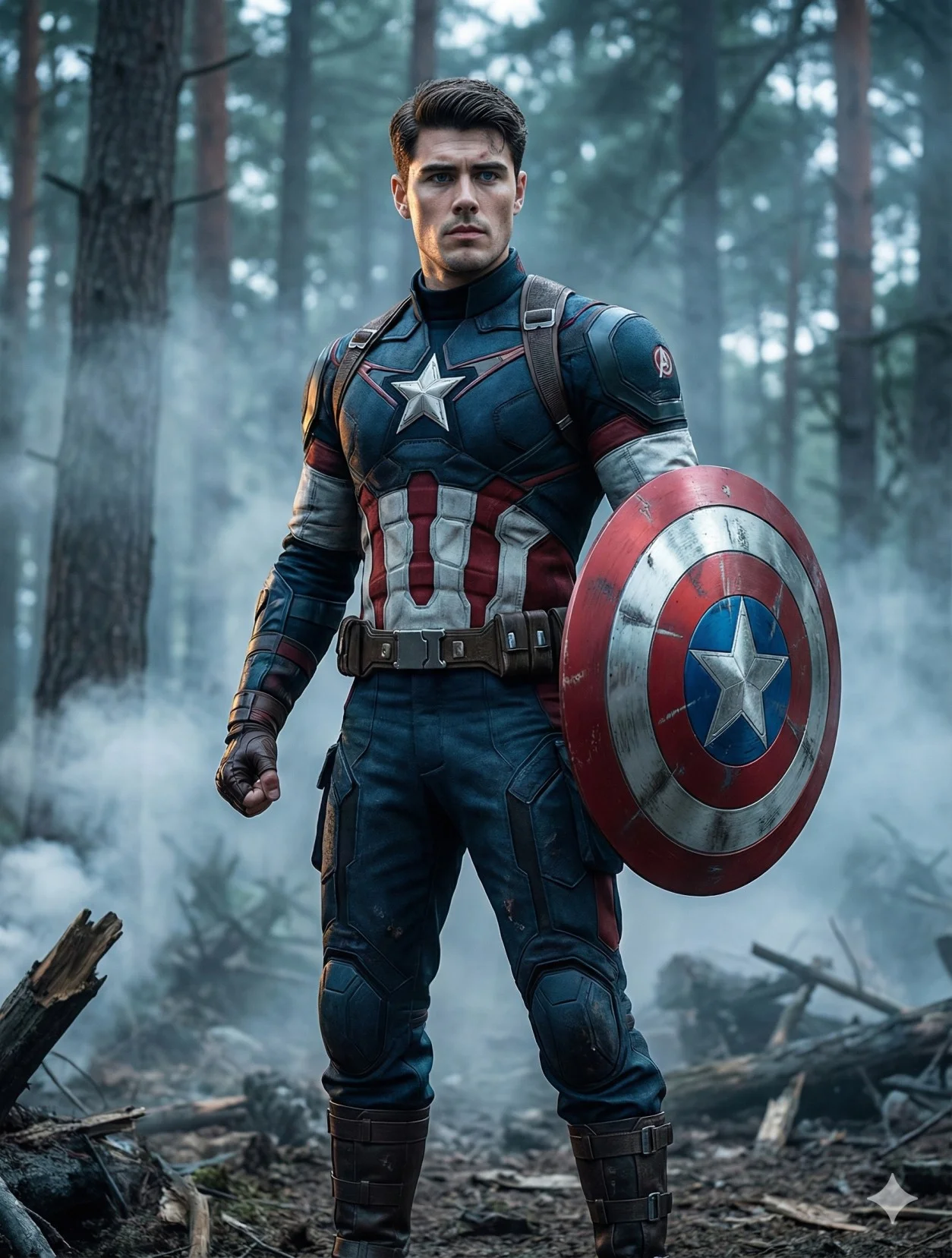 Battle-worn super soldier standing in a smoky forest battlefield