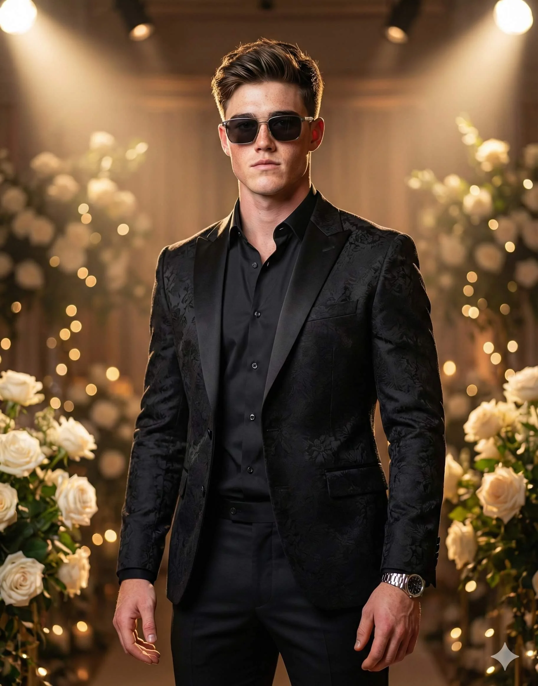Young man in a black floral tuxedo and sunglasses at a warmly lit venue