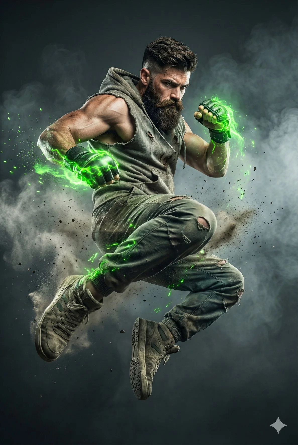 Airborne fighter delivering a flying kick with glowing green fists