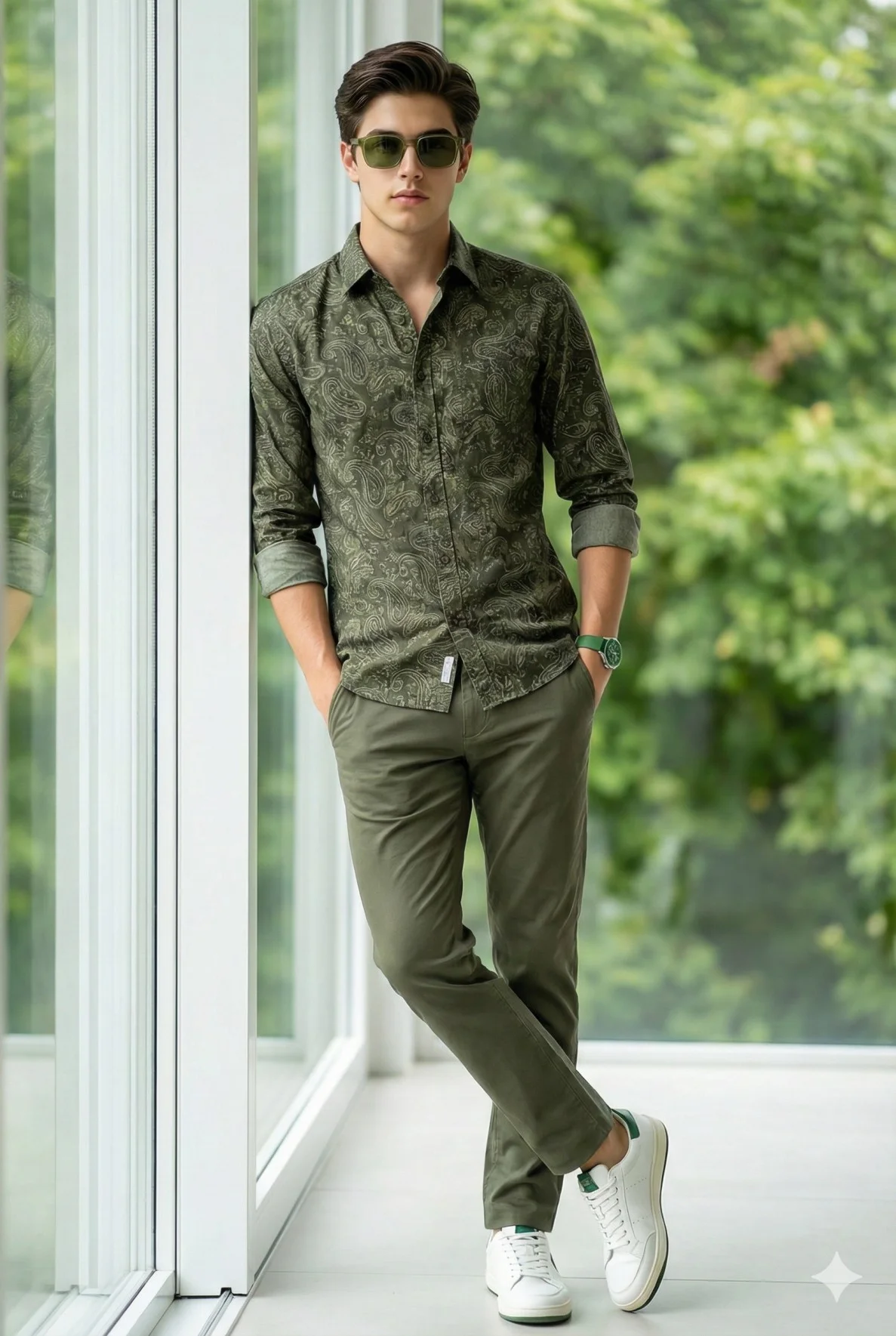 Man in an olive paisley shirt and trousers leaning against a white window frame
