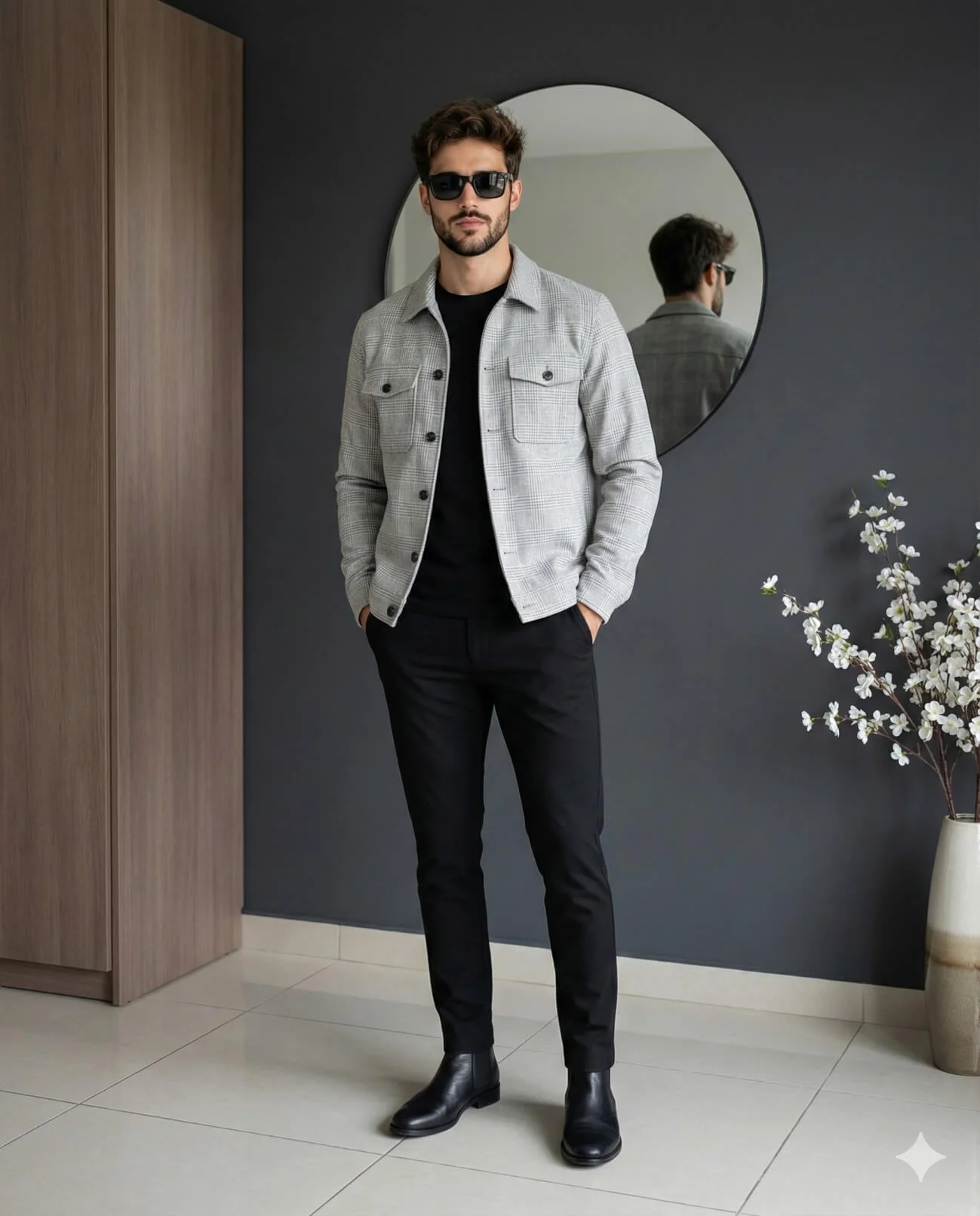 Man in a grey check jacket and black trousers standing in a minimalist interior