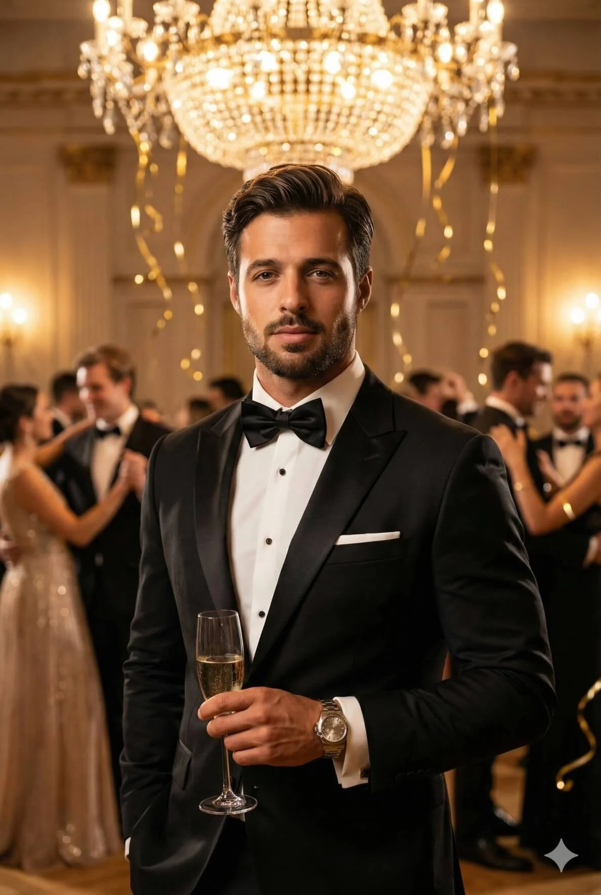 Man in a black tuxedo holding champagne beneath a crystal ballroom chandelier