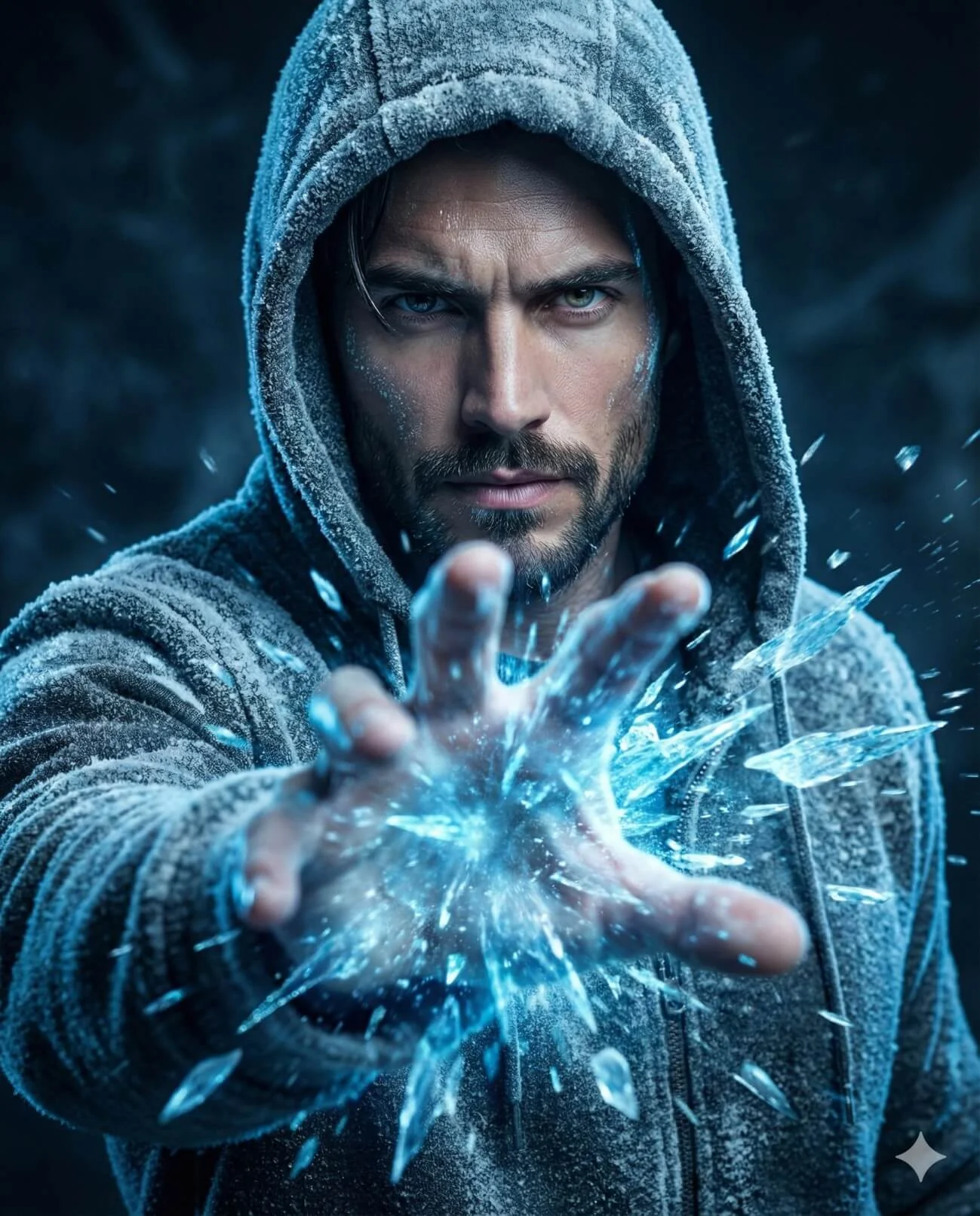 Frost-covered man reaching forward as blue ice shards burst from his hand