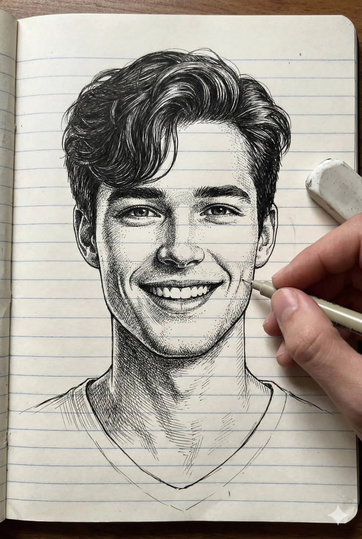 Fine-line face sketch on notebook paper beside a hand holding a pen