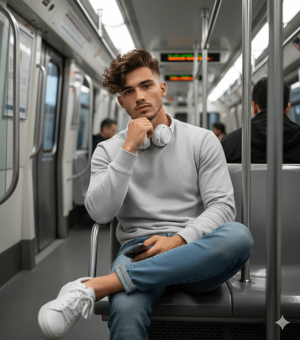 Man seated cross-legged in a metro carriage with headphones around his neck