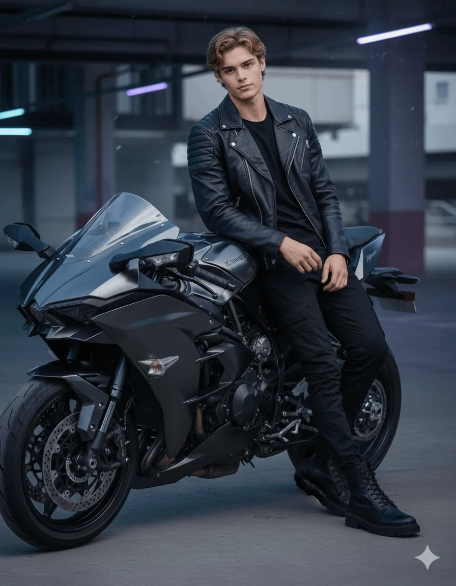 Man in black clothing seated on a matte-black sport motorcycle