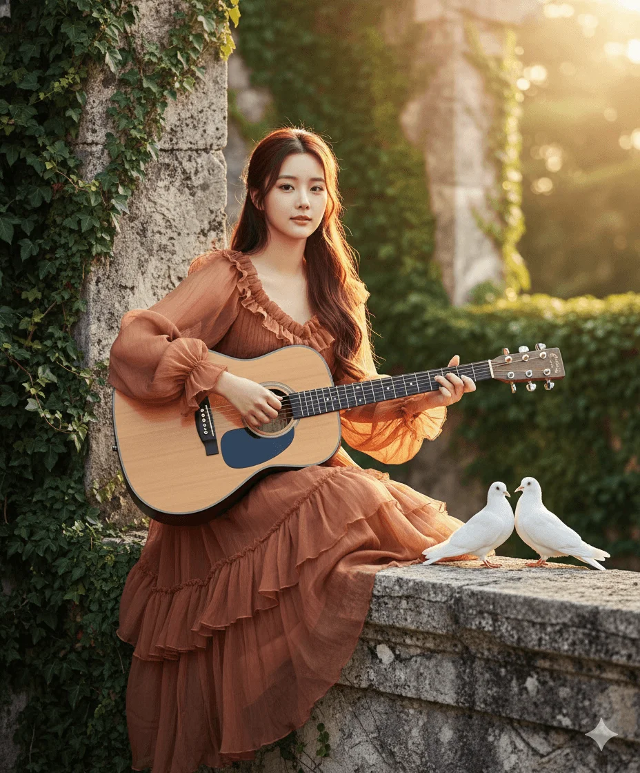 Woman in a terracotta dress playing guitar beside two white doves on a stone railing