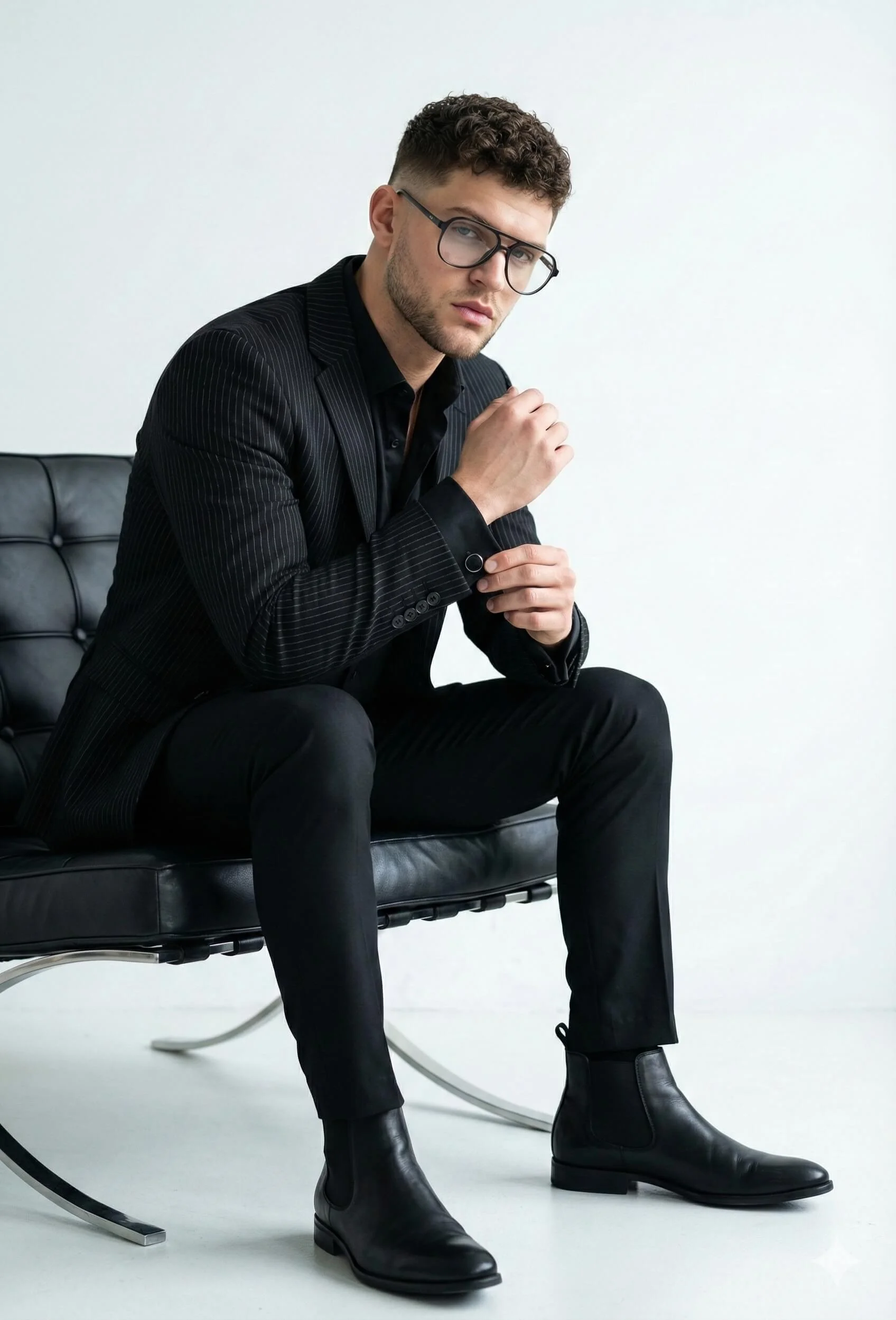 Executive seated on a black leather lounge chair in a minimalist white studio