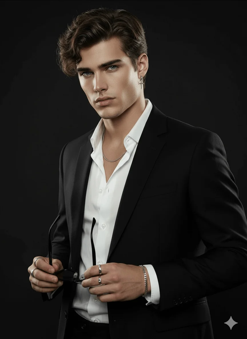 Young man in a tailored black suit holding sunglasses against a dark studio background