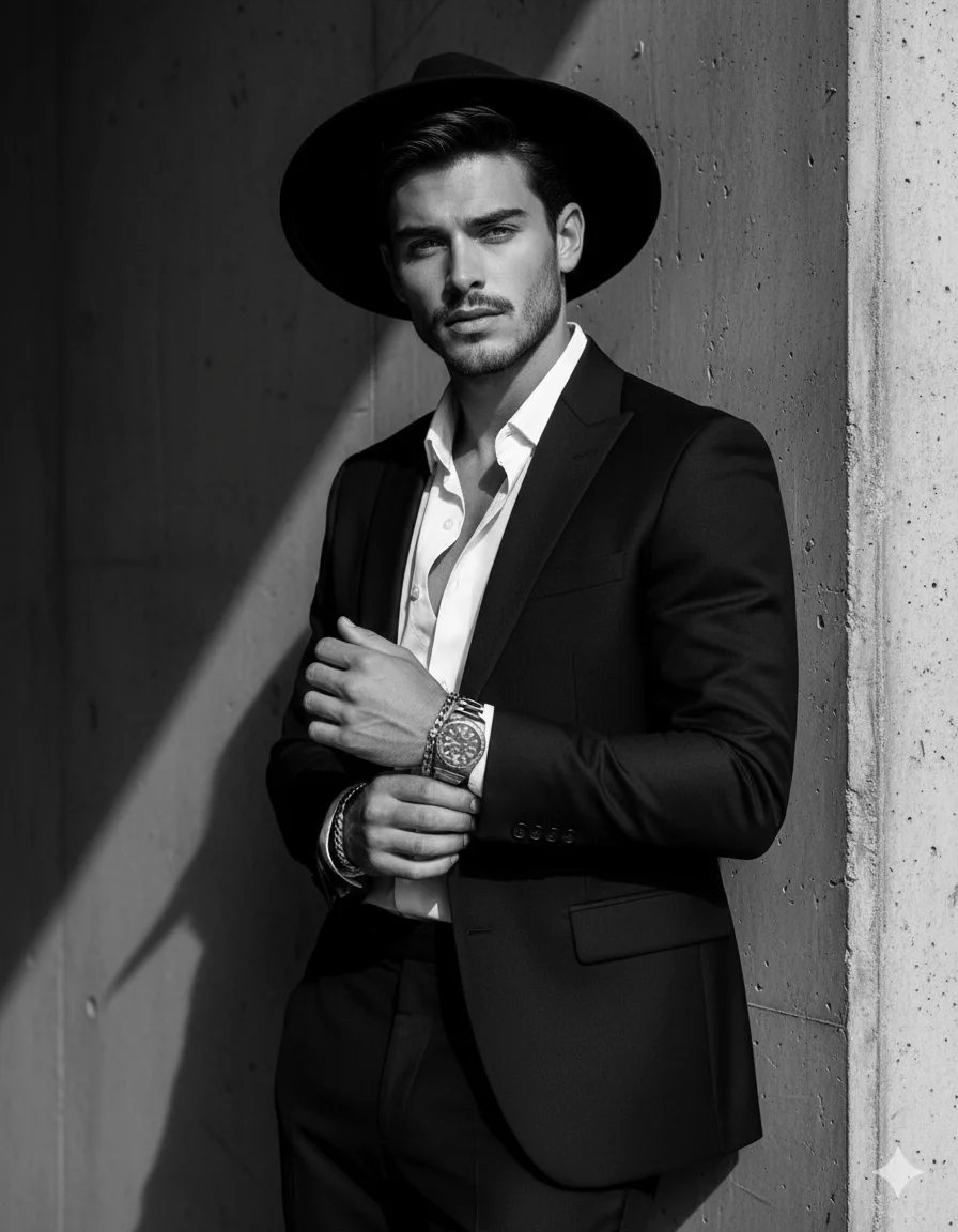 Bearded man in a dark suit and wide-brim hat leaning against a concrete wall