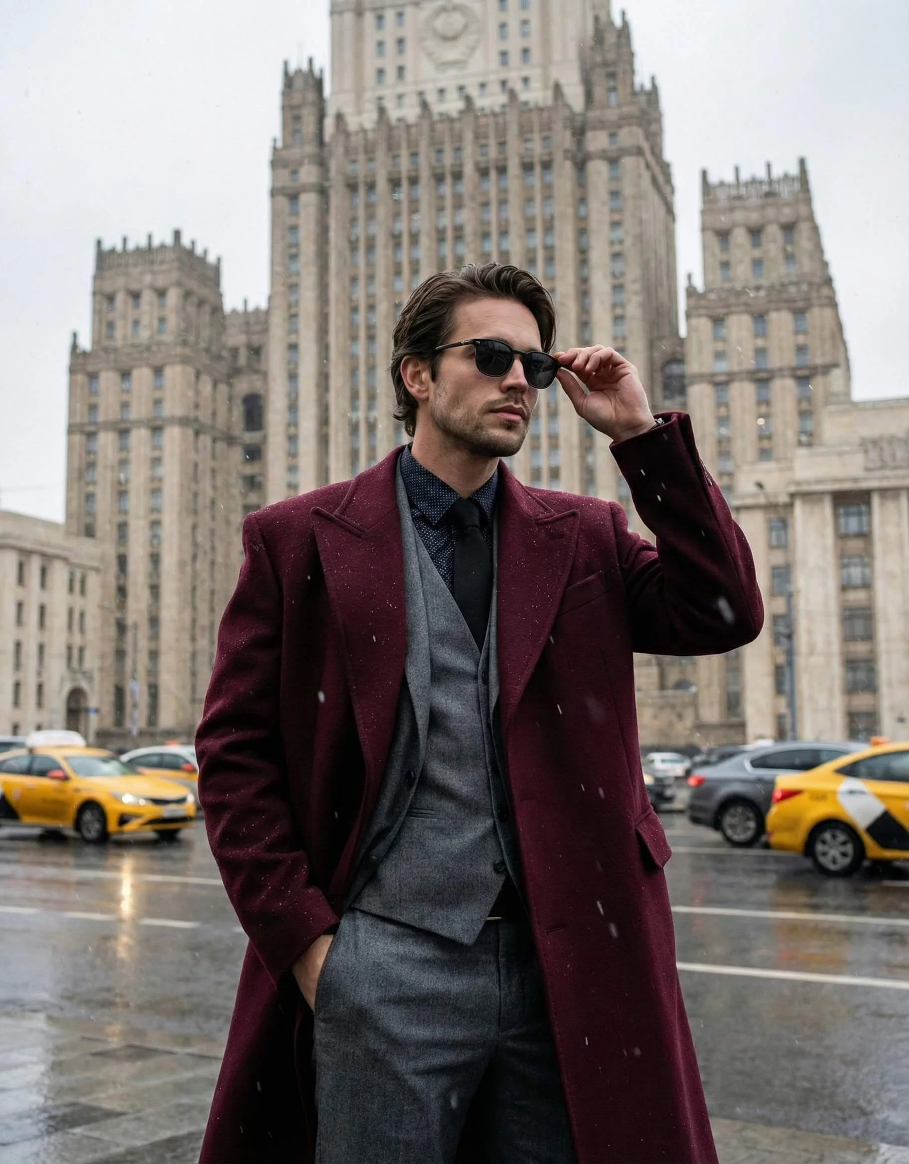 Man in a burgundy coat and grey suit standing on a rainy Moscow street
