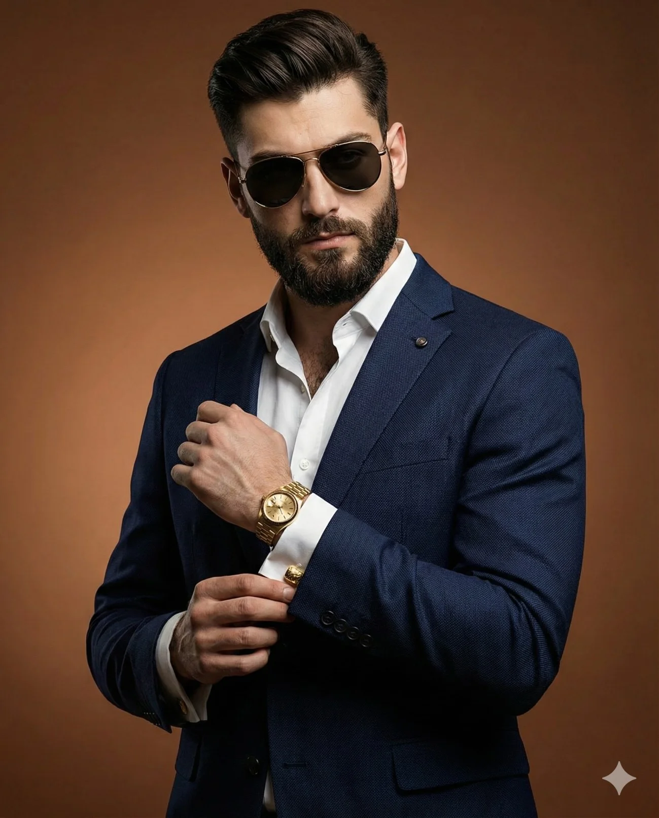 Man in a navy suit and aviator sunglasses adjusting his cufflinks
