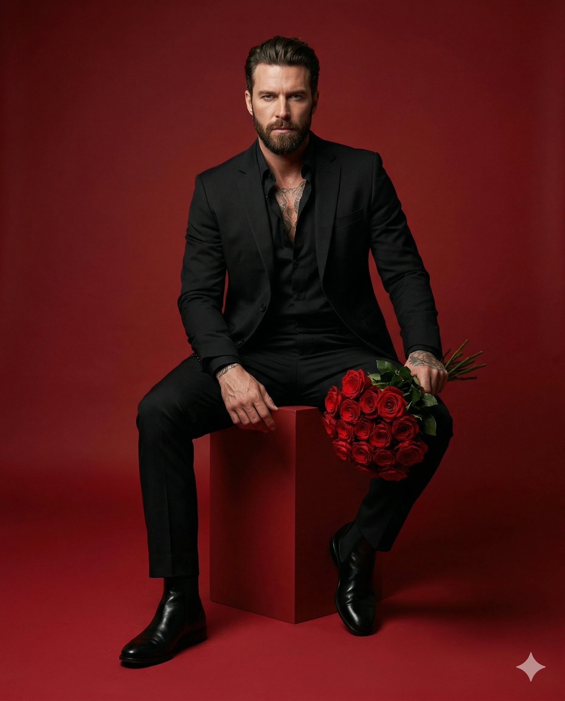 Tattooed man in a black suit seated on a red cube holding red roses