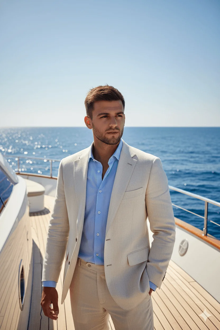 Man in a cream linen suit standing on the deck of a private yacht