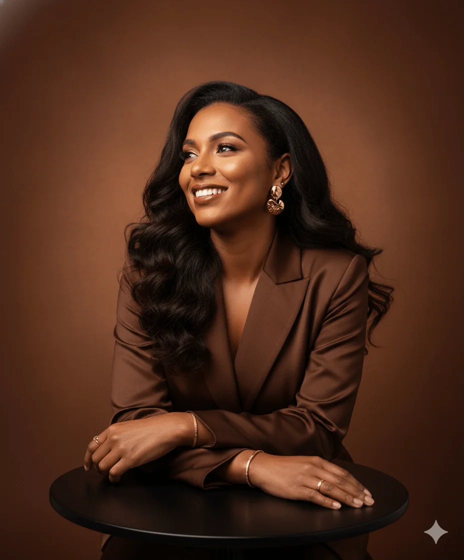 Smiling woman in a chocolate-brown satin blazer seated at a dark studio table