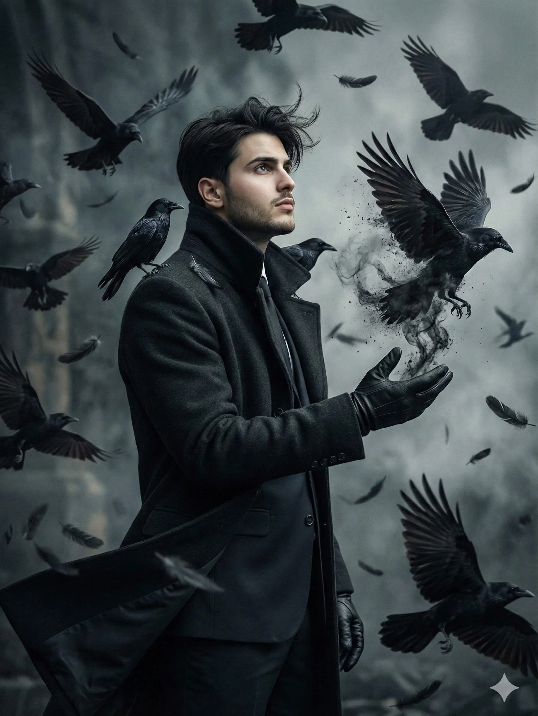 Man in a formal coat summoning a raven from smoke above his gloved hand